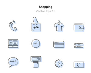 Minimal shopping and commerce icons including clothing, carts, tags and payment
