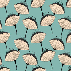 Flowers pattern, doodle hand drawing flowers on blue pastel background.