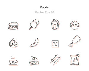 Minimal outlined food icons including snacks, drinks, meats, desserts and meals