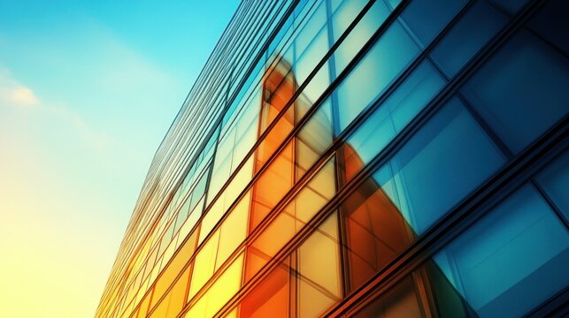 Modern high rise building with glass windows reflecting sunlight and sky