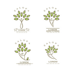 Minimal green tree logos with simple leaves and thin outlines for branding