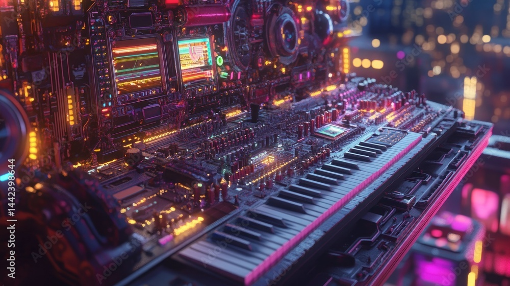 Poster futuristic digital synthesizer with keys and a complex control panel
