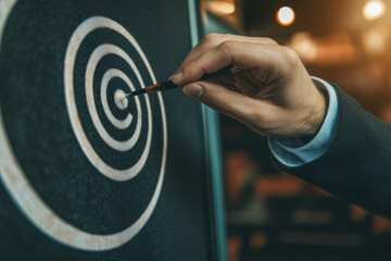 Businessman placing dart in bullseye on dartboard achieving business goal strategy