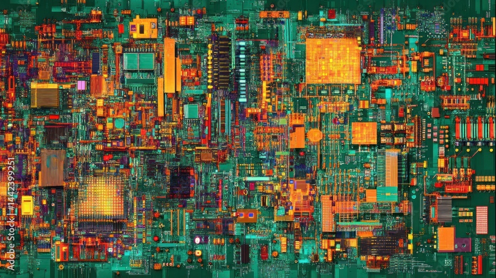 Poster colorful and intricate electronic circuitry pattern illustrating technological components