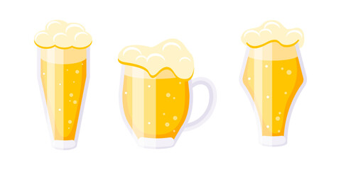 Three glasses of refreshing beer with overflowing foam are showing different shapes and sizes