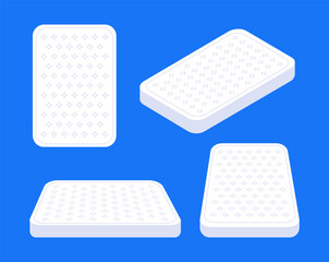 White orthopedic mattress from different angles on blue background