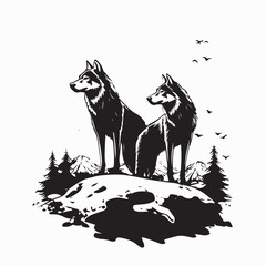 Two Wolves Standing Proudly on a Rocky Hilltop in a Majestic Wilderness Landscape