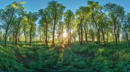 Fototapeta premium Tranquil summer forest scene with lush green trees and sunlight sky calm blue view park image photo
