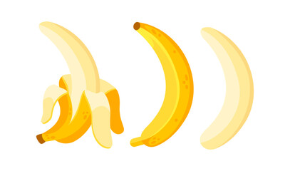 Peeled banana, whole banana and banana without peel isolated on white background