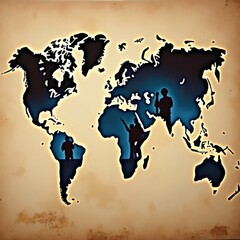 Post-Colonial Security Issues: &ldquo;A fractured colonial map overlaying modern conflicts, with silhouettes of protestors and peacekeepers.