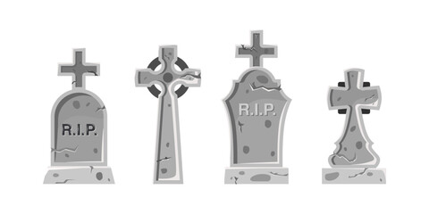 Set of cracked tombstones with cross, isolated elements for halloween decoration