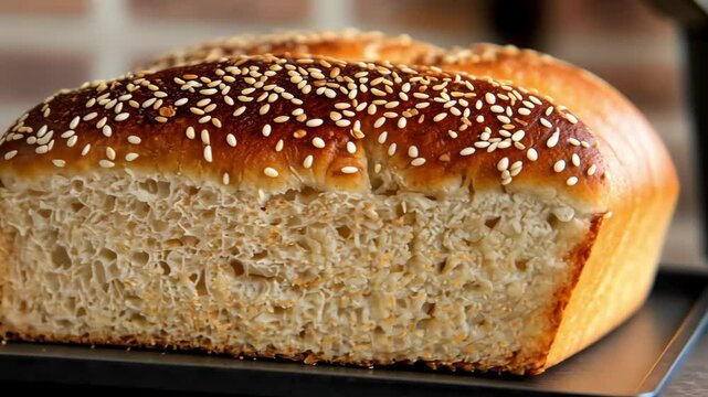 Close-up of a sesame-seeded challah loaf on a black rectangular tray.