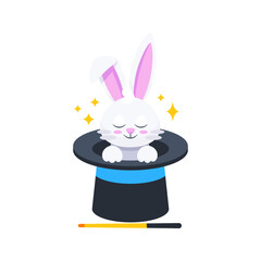 White rabbit appearing from magician top hat with magic wand and sparkles