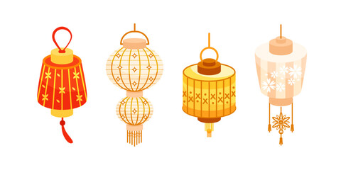 Four colorful chinese paper lanterns hanging and celebrating lunar new year