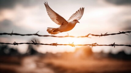 dove, a symbol of peace and liberation, takes flight with widespread wings, embodying freedom and hope as it gracefully soars through the sky, representing ultimate liberty