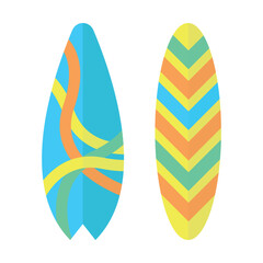 Surfboard icons with decorative elements. Surfing. Beach, summer season.
