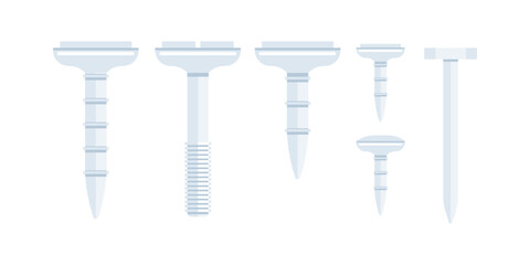Set of screws and nails showing different heads and threads for construction and carpentry projects