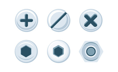 Different types of screws heads and bolts for construction and repair representing various shapes