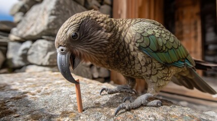 Fototapeta premium Curious Kea with Stick: New Zealand Wildlife