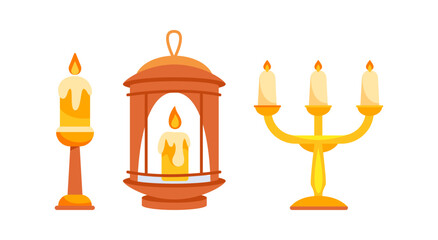 Burning candles on candlestick, in lantern and candelabrum illuminating dark space