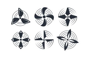 Six black stylized propellers rotating and creating circular waves