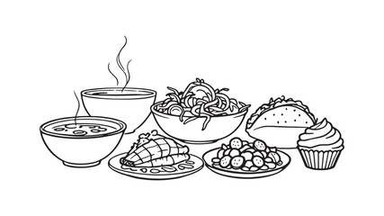Cooked Dish Presentation line art elegant food plating illustration