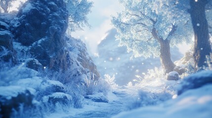 A snow covered landscape featuring trees and mountains on a path