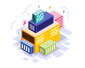 Isometric illustration of urban towers with yellow and blue contrast elements