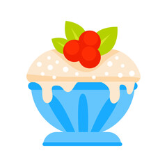 Delicious creamy dessert with berries and melted cream pouring from a blue bowl