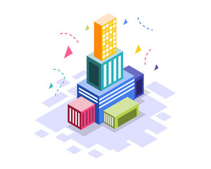 Fototapeta premium Stacked geometric buildings in cityscape with colorful rooftops and soft shadows