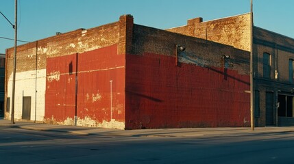 A corner view showcases a brick building with peeling red paint