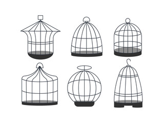Set of six empty birdcages standing on white background