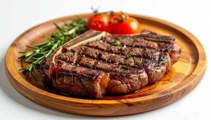 a delicious steak on wooden plate, with tomatoes and fresh rosemary
