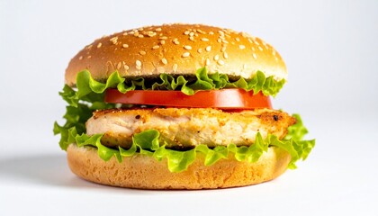 a mouthwatering burger, perfectly crafted with fresh ingredients. The sesame seed bun holds a juicy patty, crisp lettuce, and a ripe tomato slice