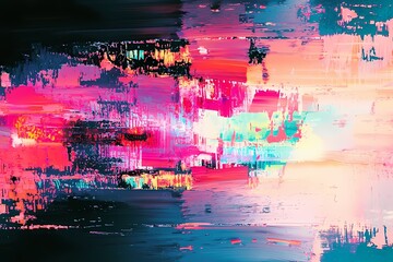 Vibrant glitch art painting dynamic pink teal and black hues create a mesmerizing digital abstract landscape with bold