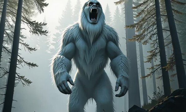 White-furred yeti roars in snowy forest surrounded by tall trees. Concept of legendary creatures and wilderness