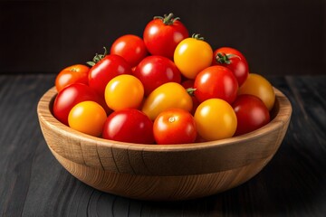 Fresh organic red and yellow cherry tomatoes in a rustic wooden bowl.