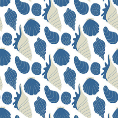 Sea Life Vector Seamless Pattern with Whale, Seahorse, Jellyfish, Turtle, Starfish, Shells, Coral and Sea Plants Flat Style Marine Creatures Illustration, EPS10, Isolated on White Background