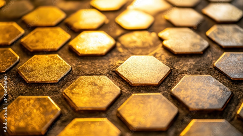 Poster golden hexagonal tiles arranged on a dark and textured surface display