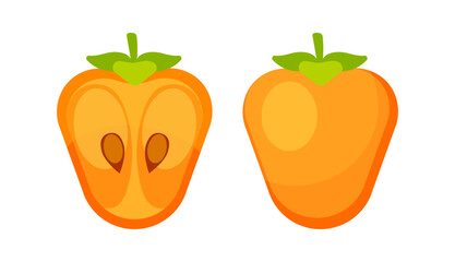 Fresh Persimmon Fruit and Half Persimmon Showing Seeds and Pulp