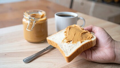 a slice of bread topped with creamy peanut butter, accompanied by a jar of peanut butter and a cup of coffee