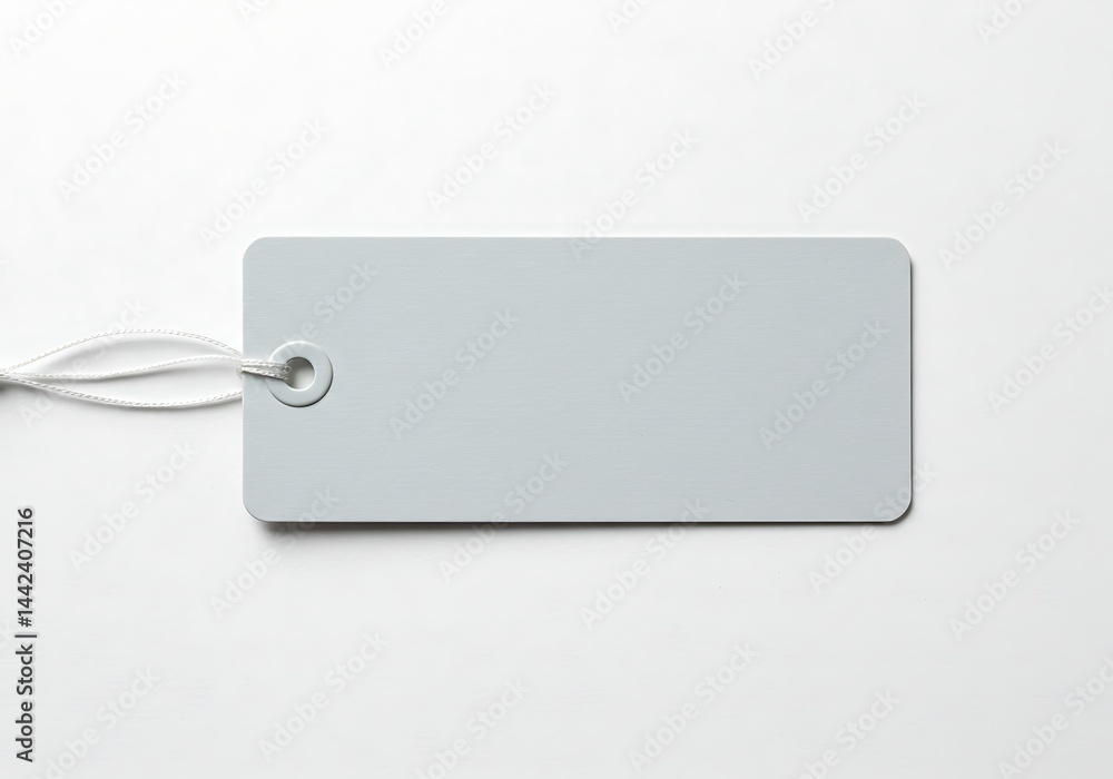 Poster blank pale tag with string against white background for price presentation