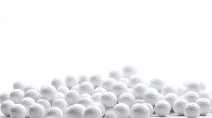 Pile of white golf balls on a white backdrop with copy space.