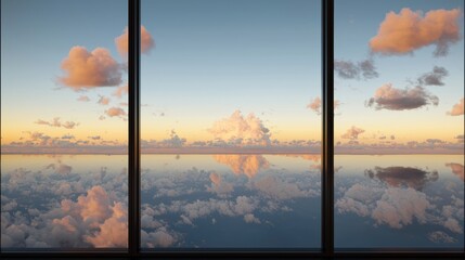 A serene view of a sunset over a calm body of water, framed by three windows.