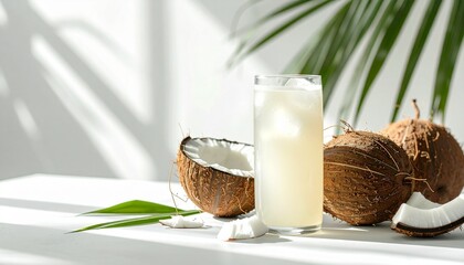 a refreshing glass of coconut water with fresh coconuts