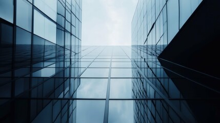 Obraz premium Low angle shot of modern blue glass buildings against the sky.