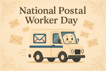 Celebration of National Postal Worker Day with cheerful delivery van amidst flying envelopes in vibrant design