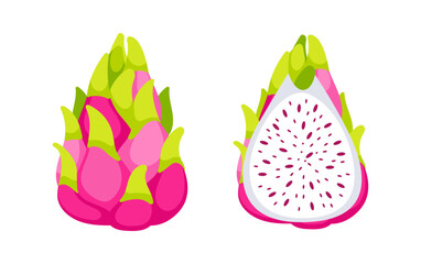 Whole and Halved Pitaya Showing White Flesh and Black Seeds