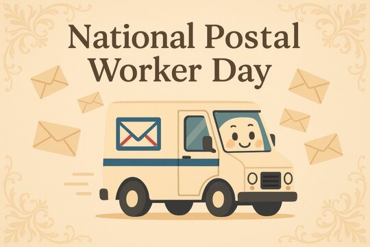 Celebration of National Postal Worker Day with cheerful delivery van amidst flying envelopes in vibrant design