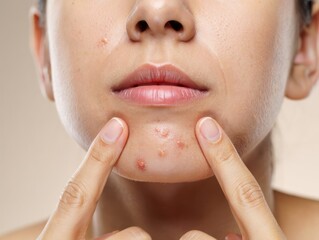 Woman pointing at inflamed acne on face, highlighting skin health concerns.